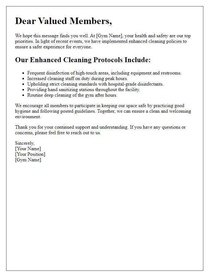 Letter template of our gym's enhanced cleaning policies for a safer experience.