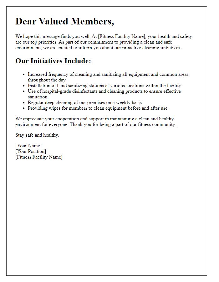 Letter template of proactive cleaning initiatives at our fitness facility.