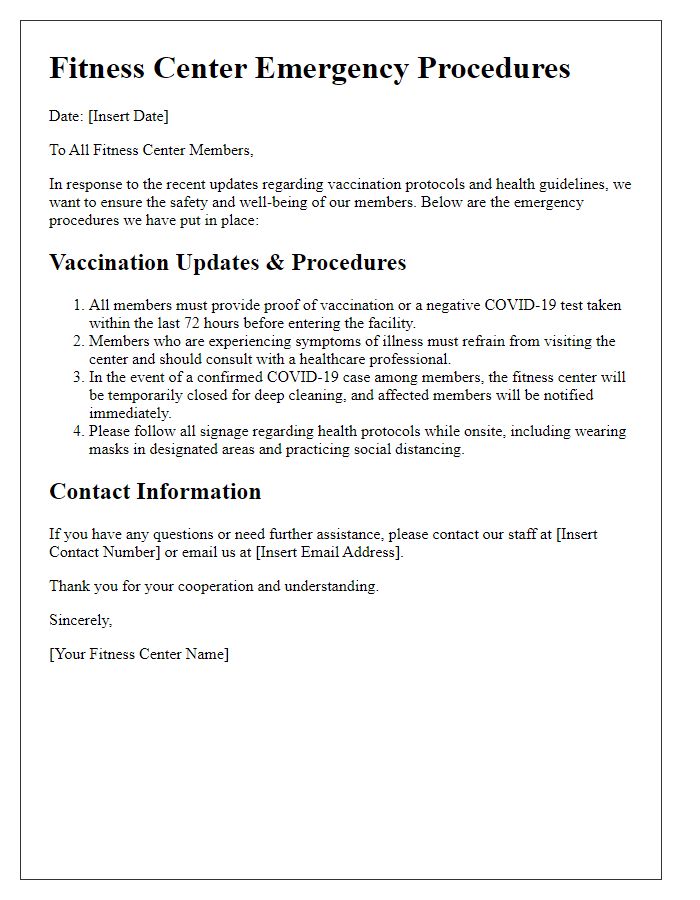 Letter template of fitness center emergency procedures related to vaccination updates