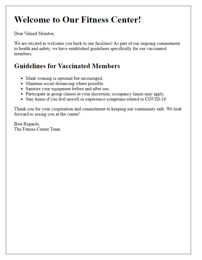 Letter template of fitness center guidelines for vaccinated members