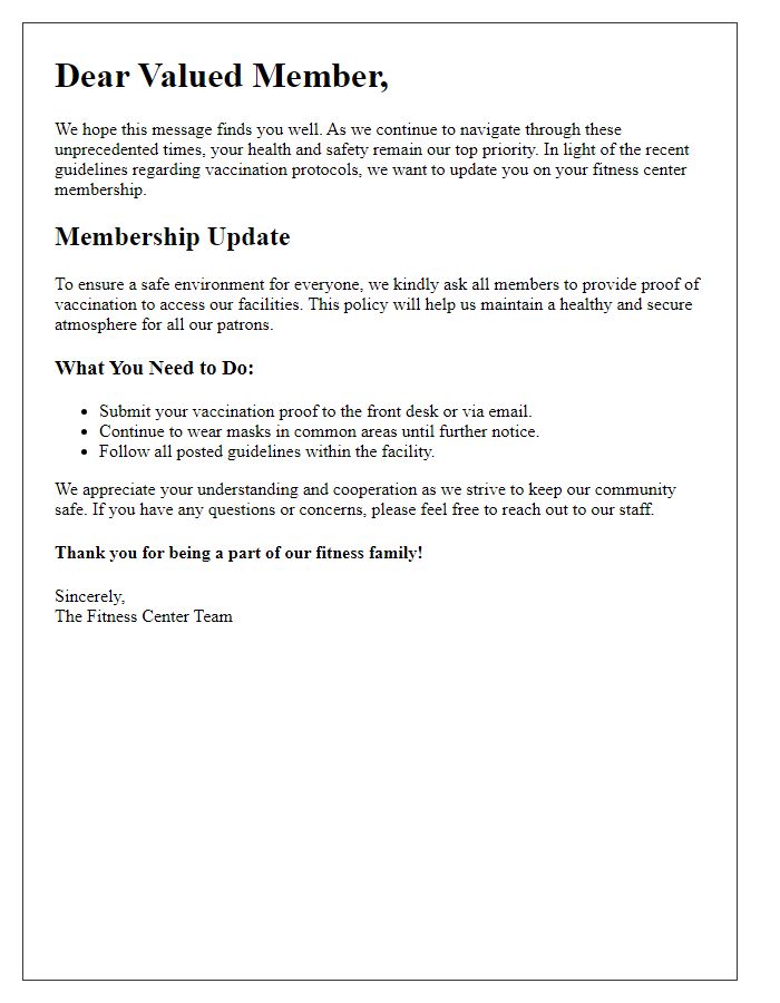 Letter template of fitness center membership update following vaccination guidelines