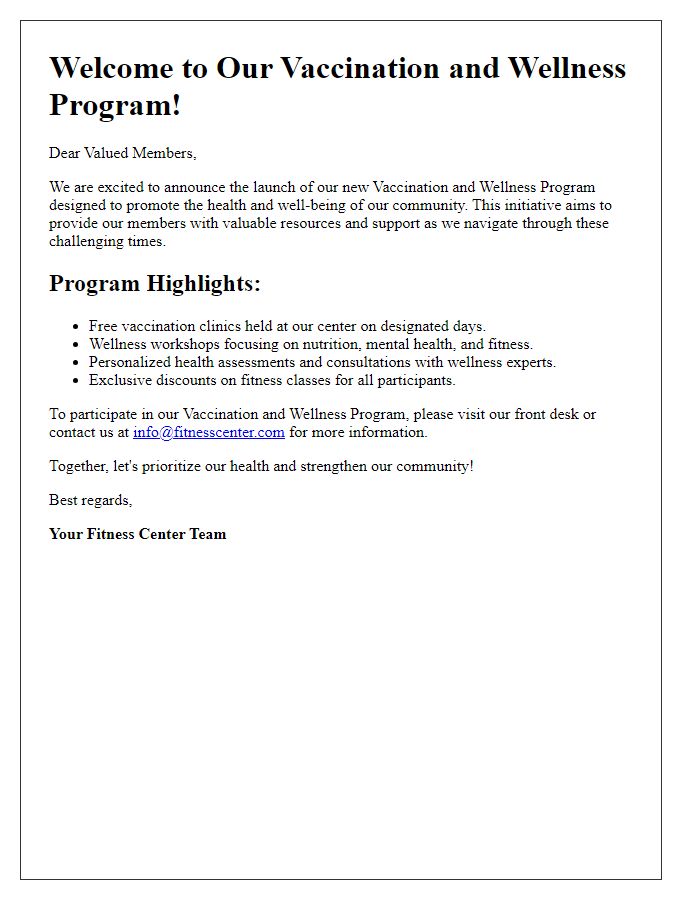 Letter template of fitness center vaccination and wellness program introduction