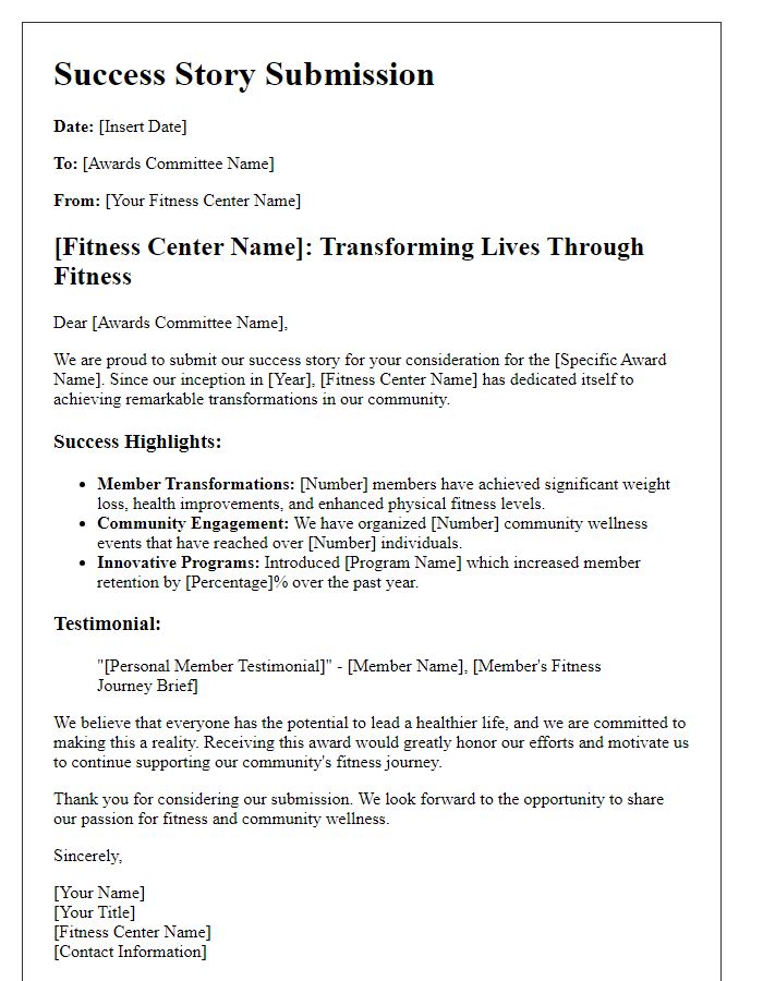 Letter template of fitness center success story for awards submissions.