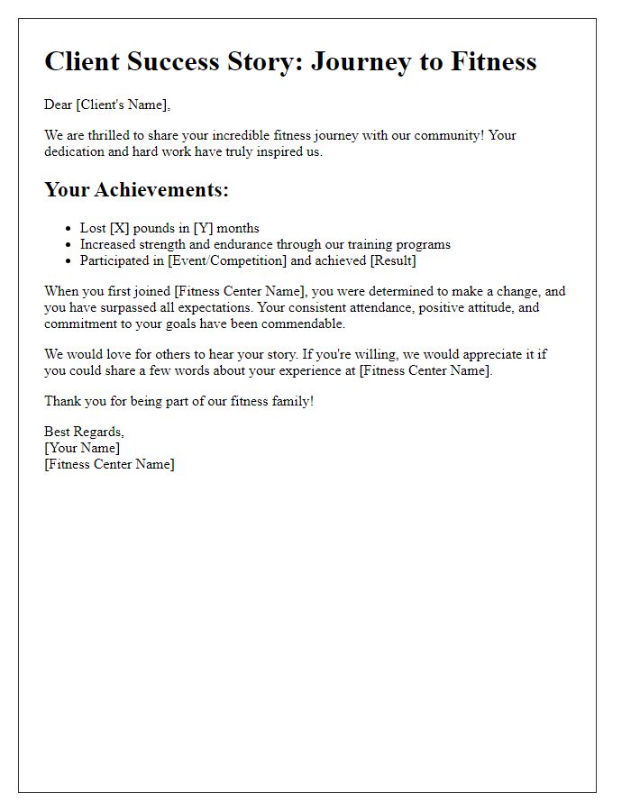 Letter template of fitness center success story for client testimonials.