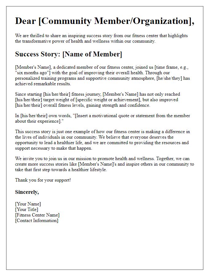 Letter template of fitness center success story for community outreach.