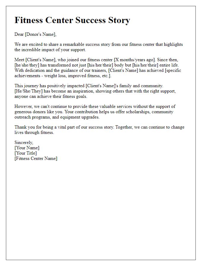 Letter template of fitness center success story for fundraising efforts.