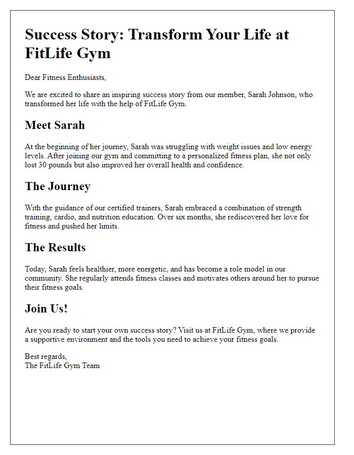 Letter template of fitness center success story for marketing purposes.