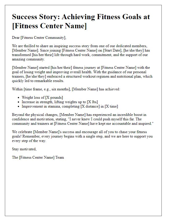 Letter template of fitness center success story for newsletters.