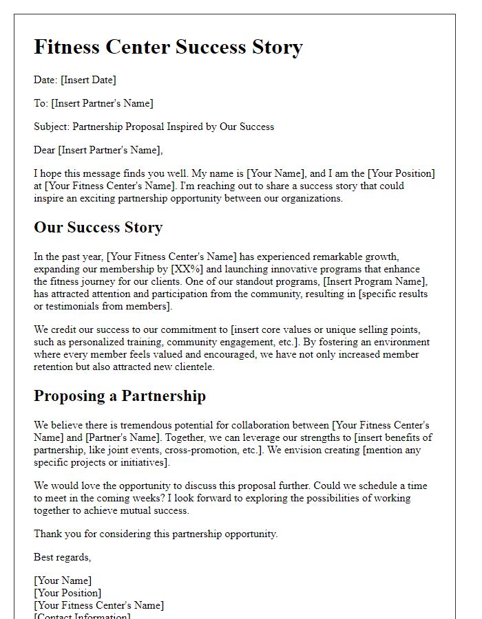 Letter template of fitness center success story for partnership proposals.