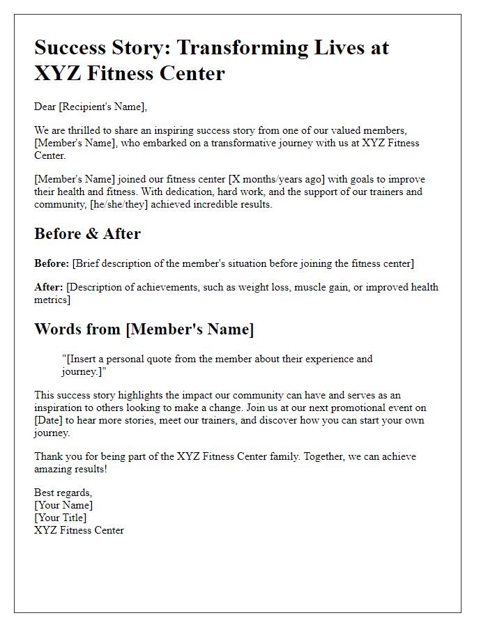 Letter template of fitness center success story for promotional events.