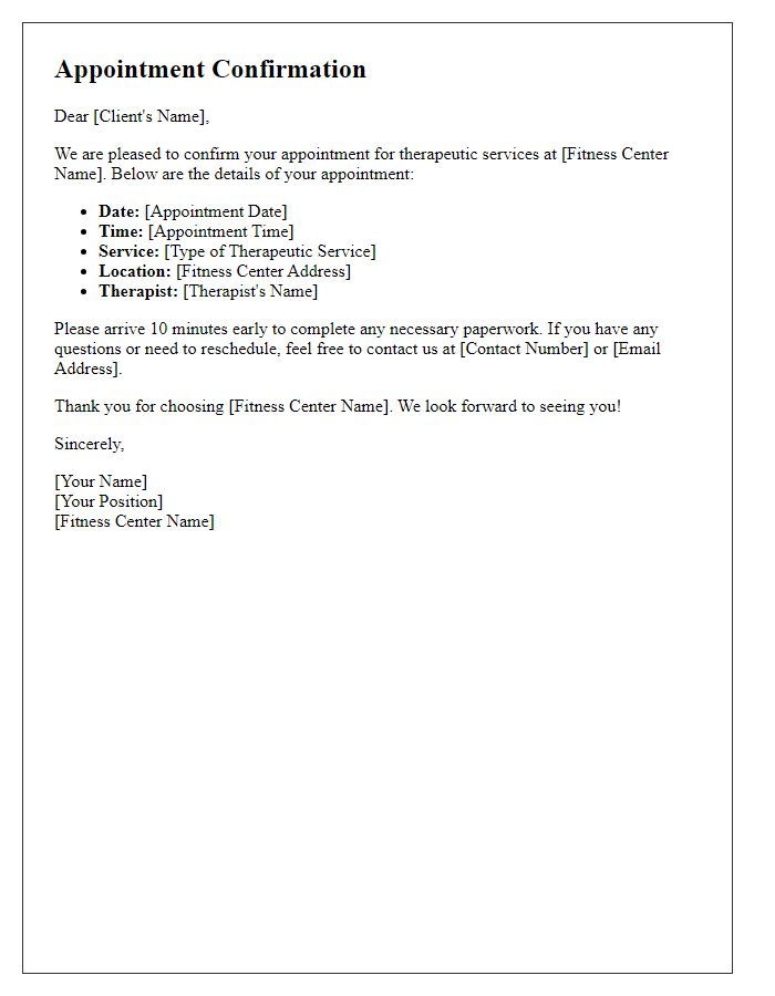 Letter template of fitness center therapeutic services appointment confirmation