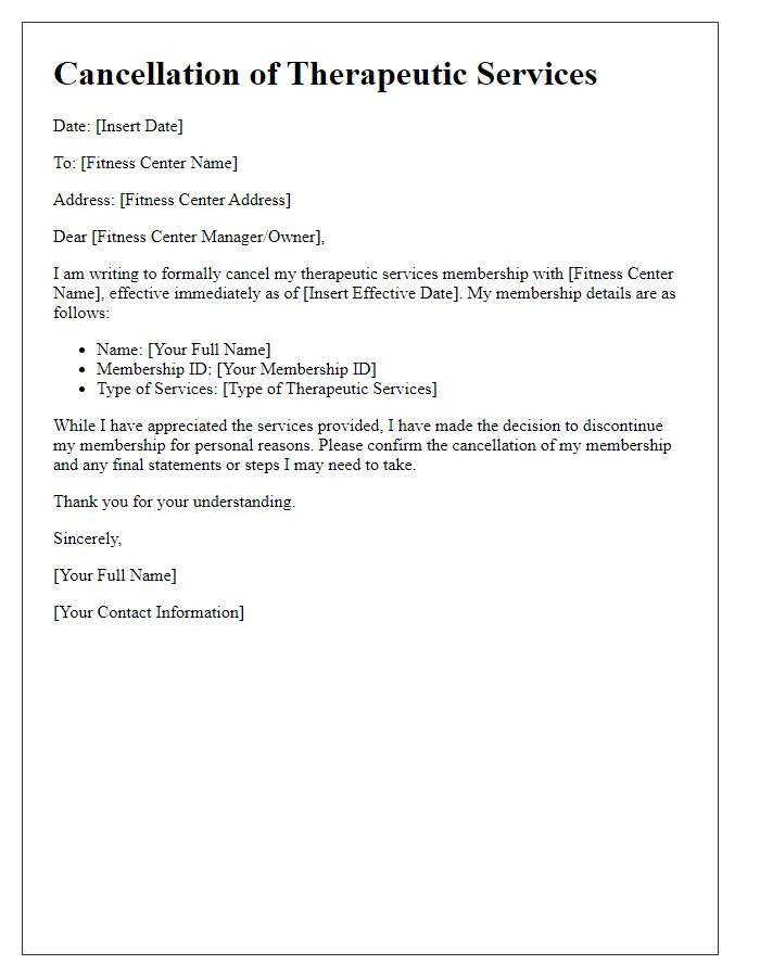 Letter template of fitness center therapeutic services cancellation