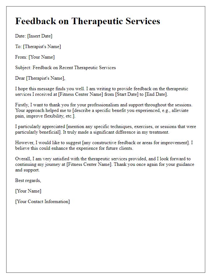 Letter template of fitness center therapeutic services feedback