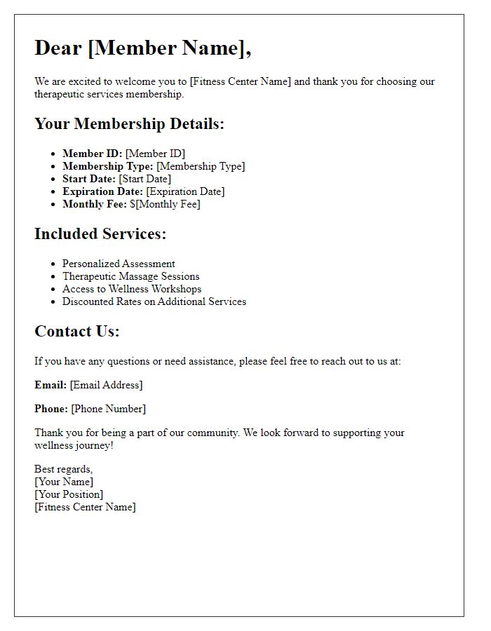 Letter template of fitness center therapeutic services membership details