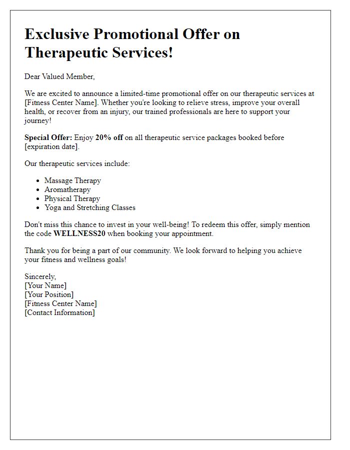 Letter template of fitness center therapeutic services promotional offer