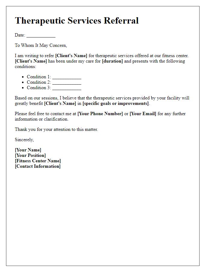 Letter template of fitness center therapeutic services referral