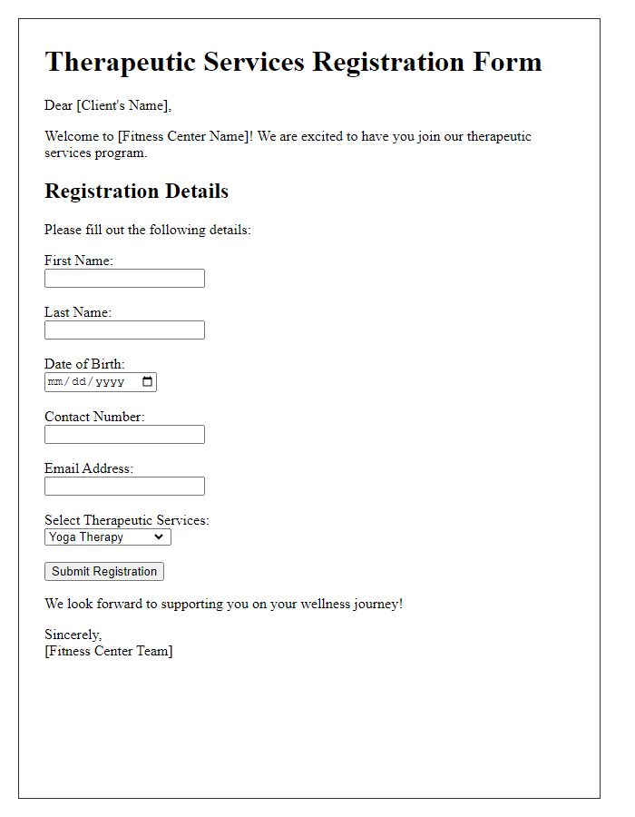 Letter template of fitness center therapeutic services registration