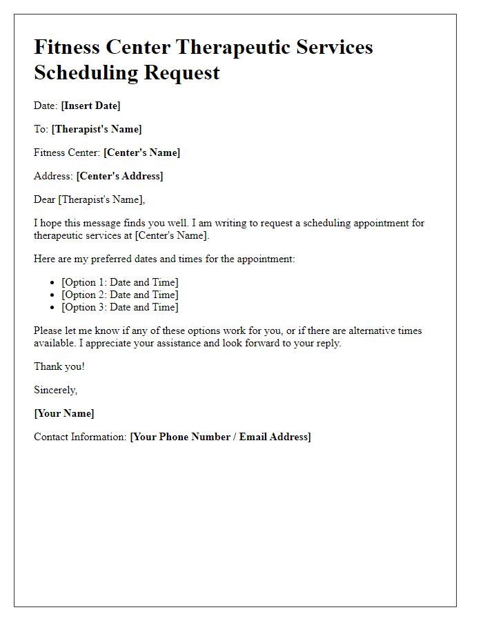 Letter template of fitness center therapeutic services scheduling request