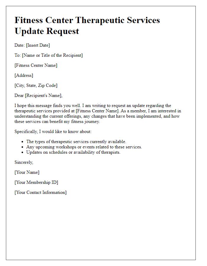 Letter template of fitness center therapeutic services update request