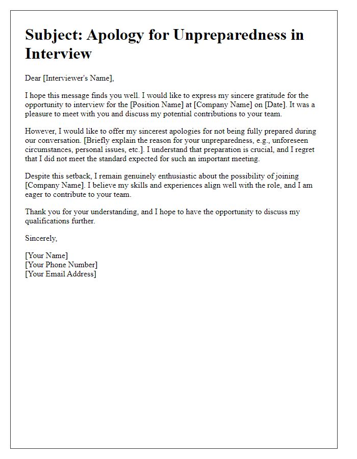 Letter template of explanation for unpreparedness in an interview.