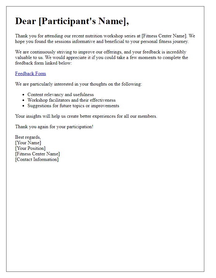 Letter template of feedback request for fitness center nutrition workshop series