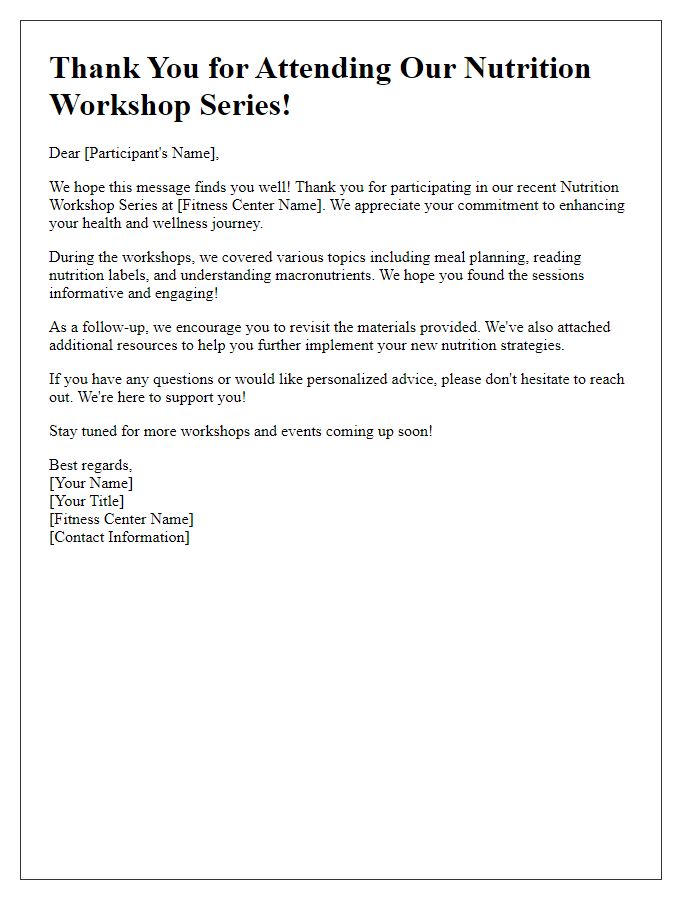 Letter template of follow-up after fitness center nutrition workshop series