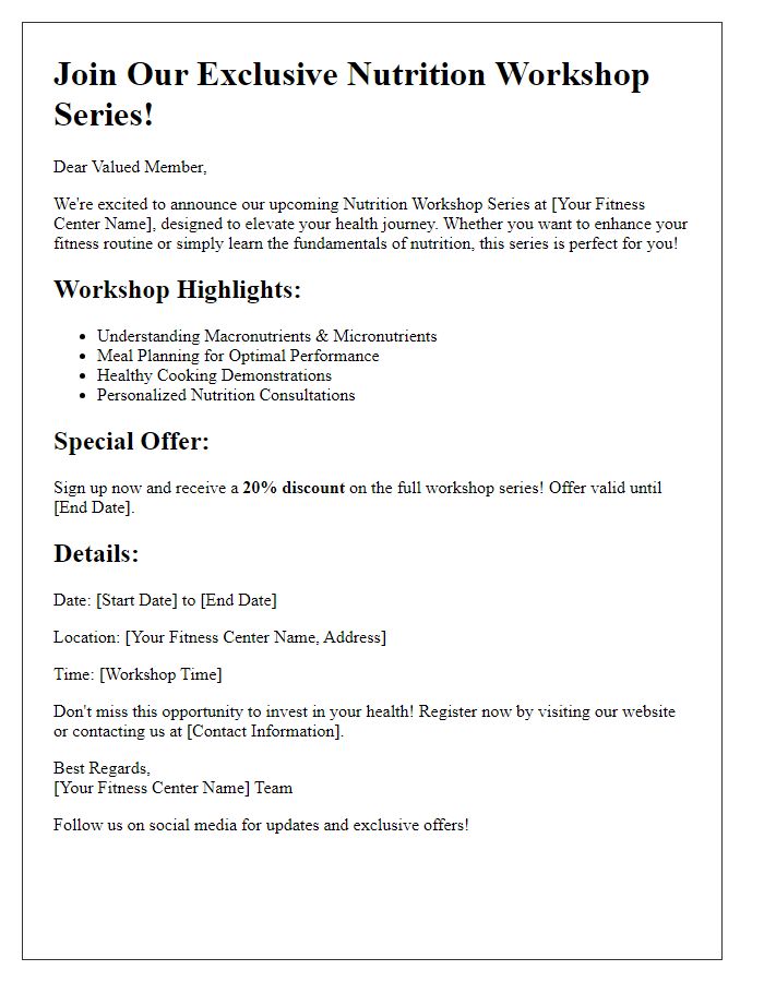 Letter template of promotional offer for fitness center nutrition workshop series