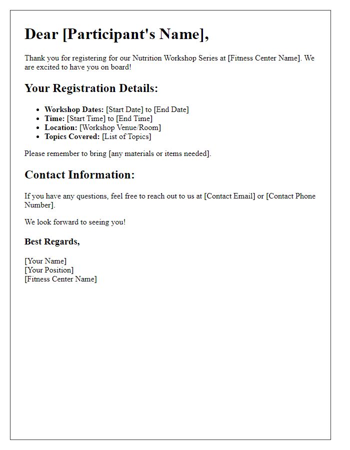 Letter template of registration details for fitness center nutrition workshop series