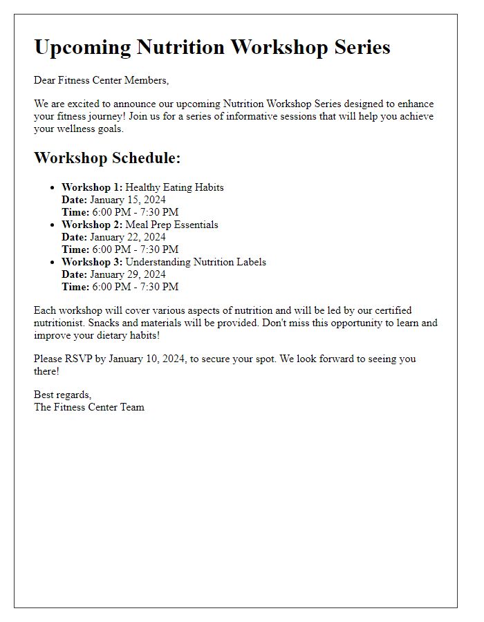 Letter template of schedule announcement for fitness center nutrition workshop series