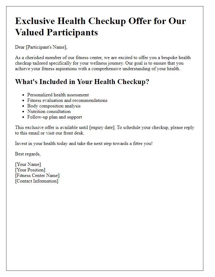 Letter template of bespoke health checkup offer for fitness center participants.