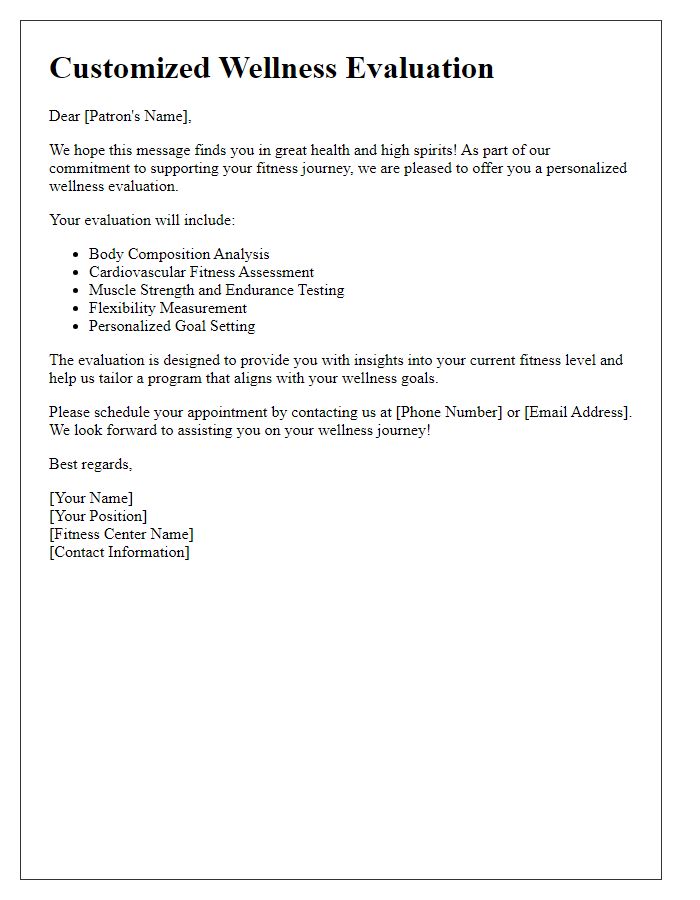 Letter template of customized wellness evaluation for fitness center patrons.