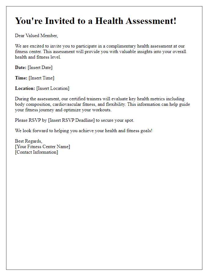 Letter template of health assessment invitation for fitness center clientele.