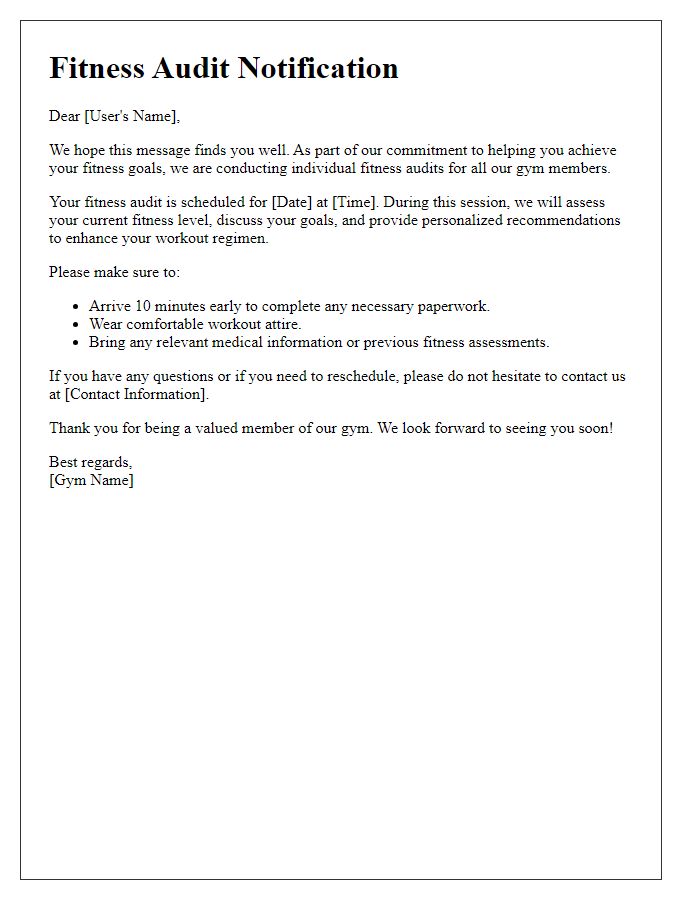 Letter template of individual fitness audit notification for gym users.