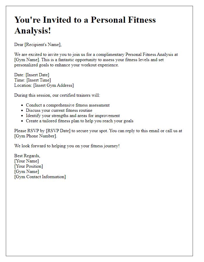 Letter template of personal fitness analysis invitation for gym enthusiasts.