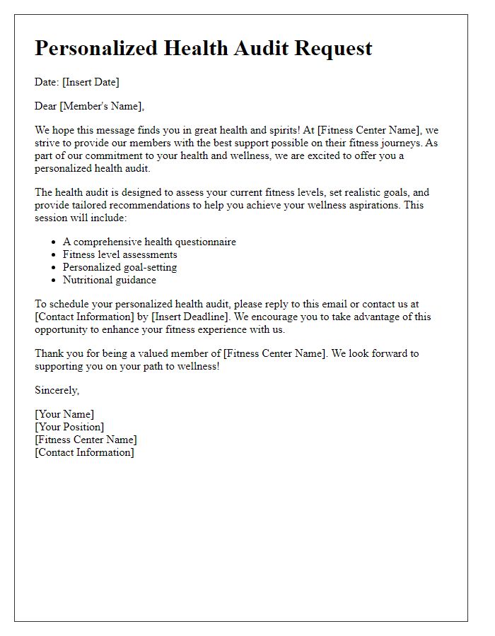 Letter template of personalized health audit request for fitness center members.