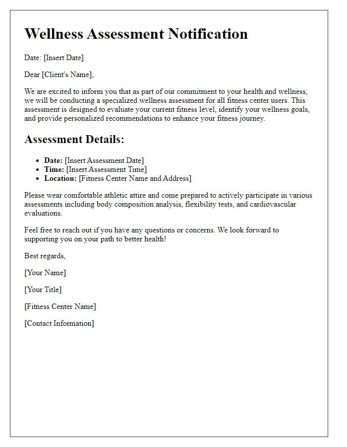 Letter template of specialized wellness assessment for fitness center users.