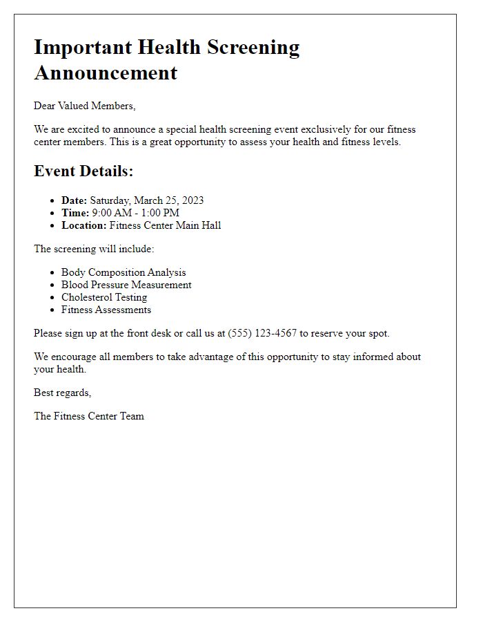 Letter template of specific health screening announcement for fitness center members.