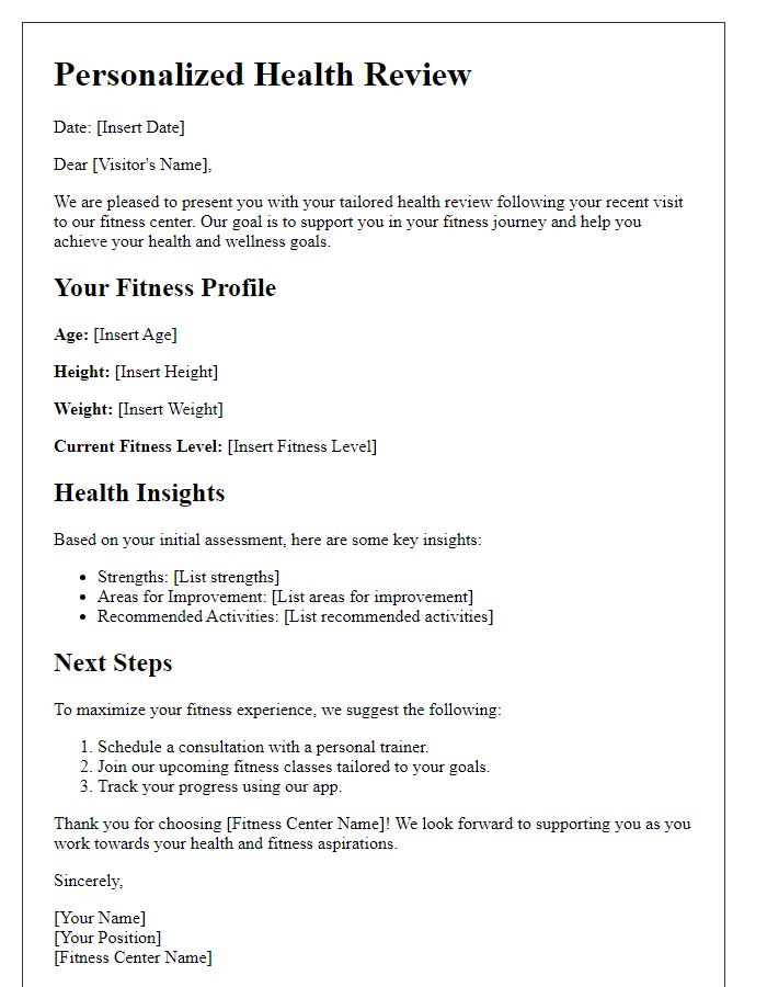 Letter template of tailored health review for fitness center visitors.