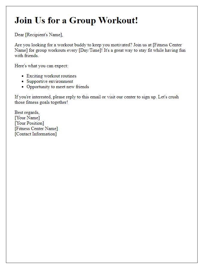 Letter template of fitness center group workout buddy offer