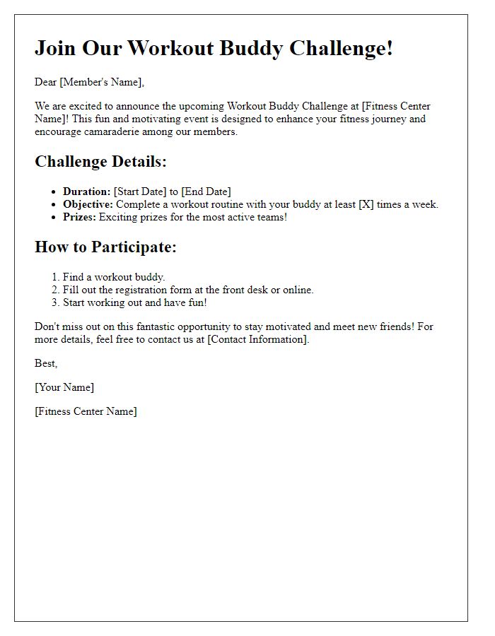 Letter template of fitness center workout buddy challenge