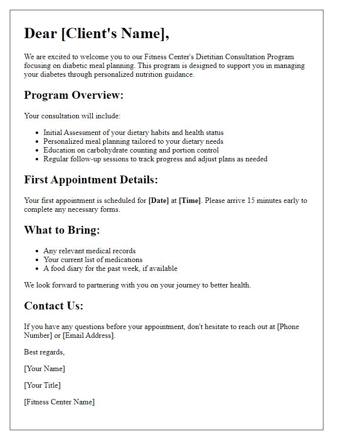 Letter template of fitness center dietitian consultation program for diabetic meal planning