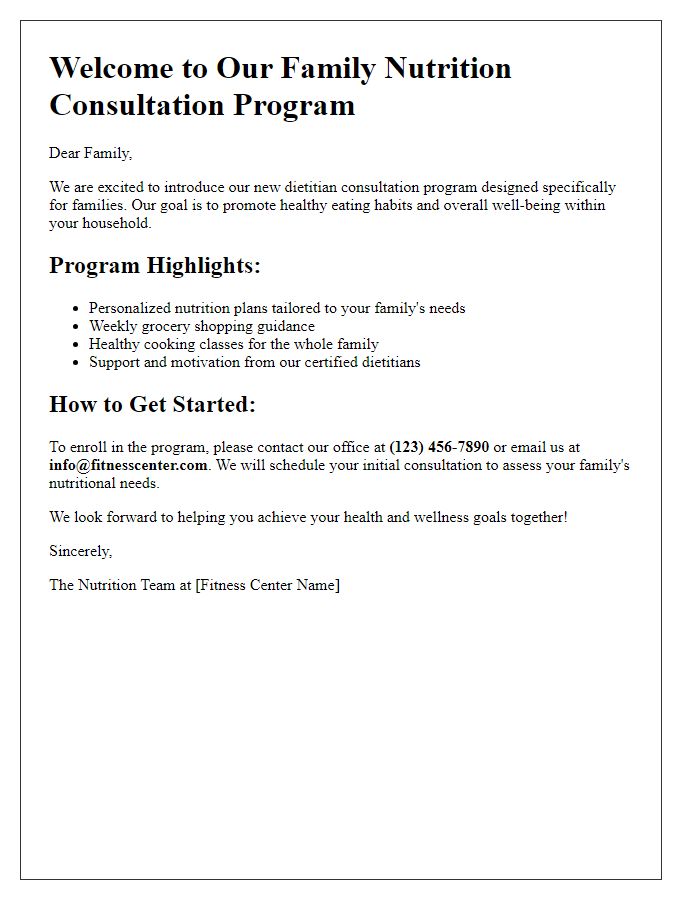 Letter template of fitness center dietitian consultation program for family nutrition