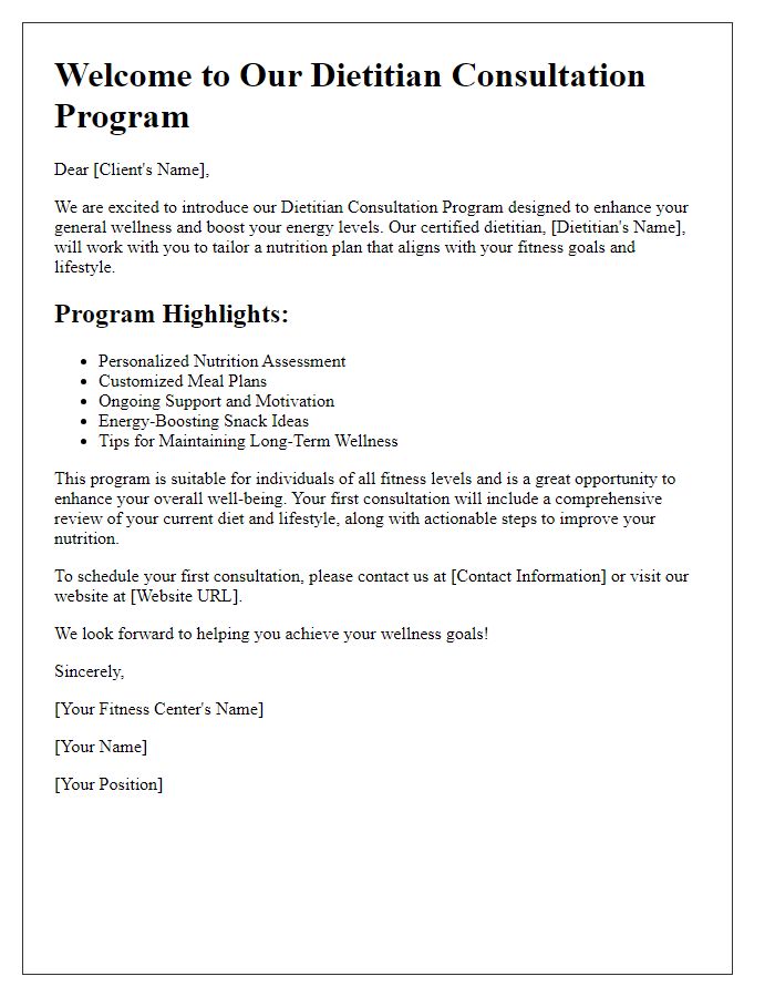 Letter template of fitness center dietitian consultation program for general wellness and energy boosting