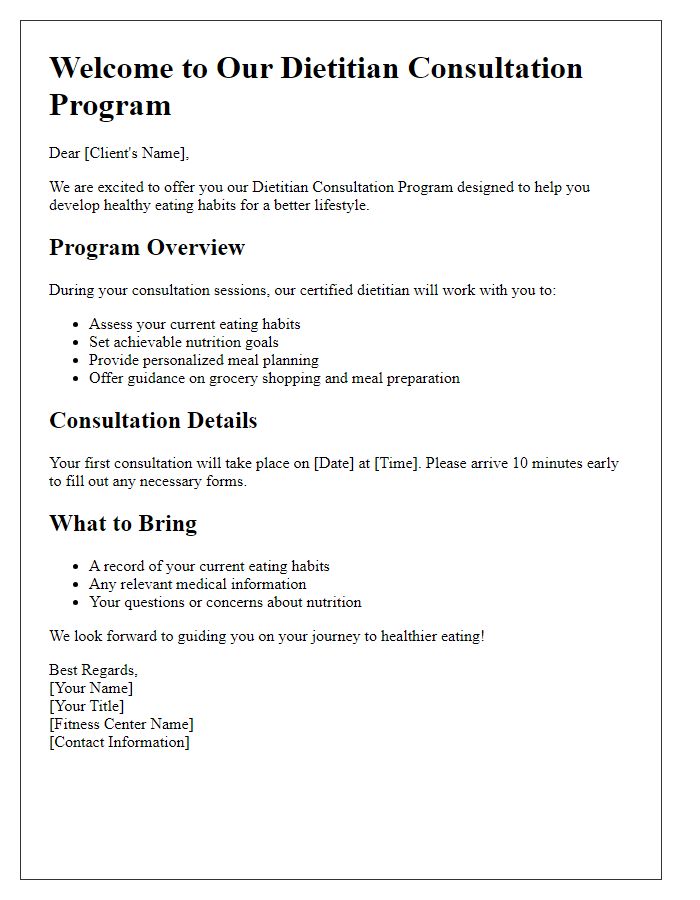 Letter template of fitness center dietitian consultation program for healthy eating habits