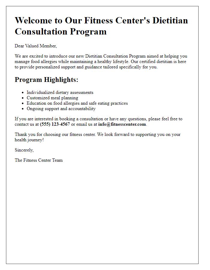 Letter template of fitness center dietitian consultation program for managing food allergies