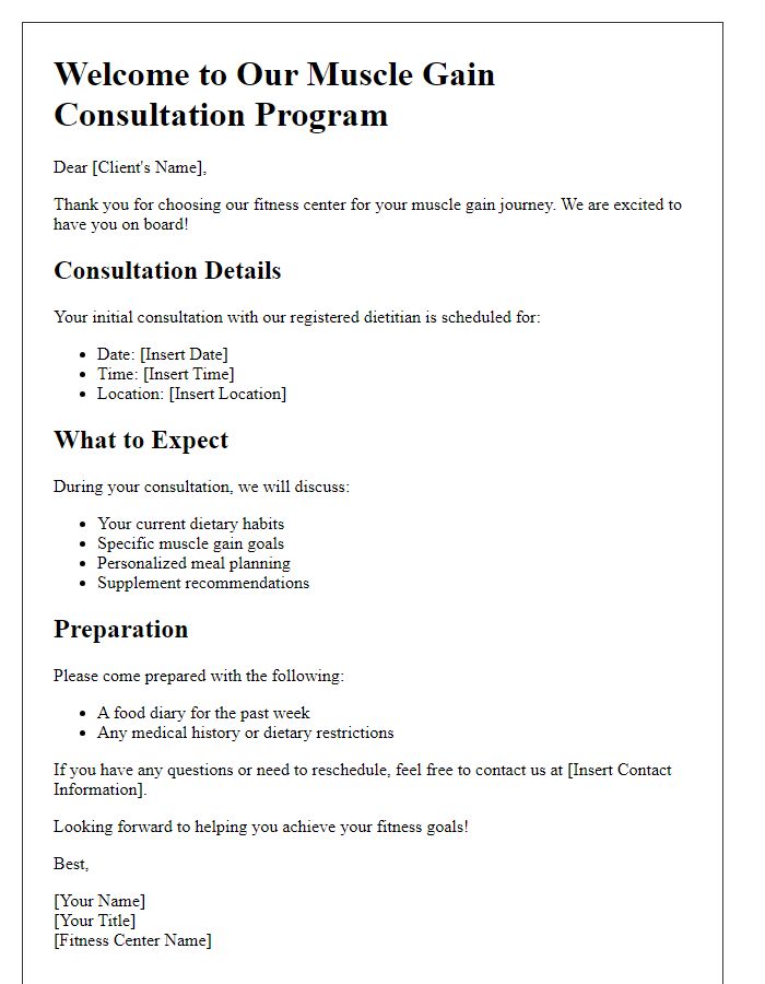 Letter template of fitness center dietitian consultation program for muscle gain