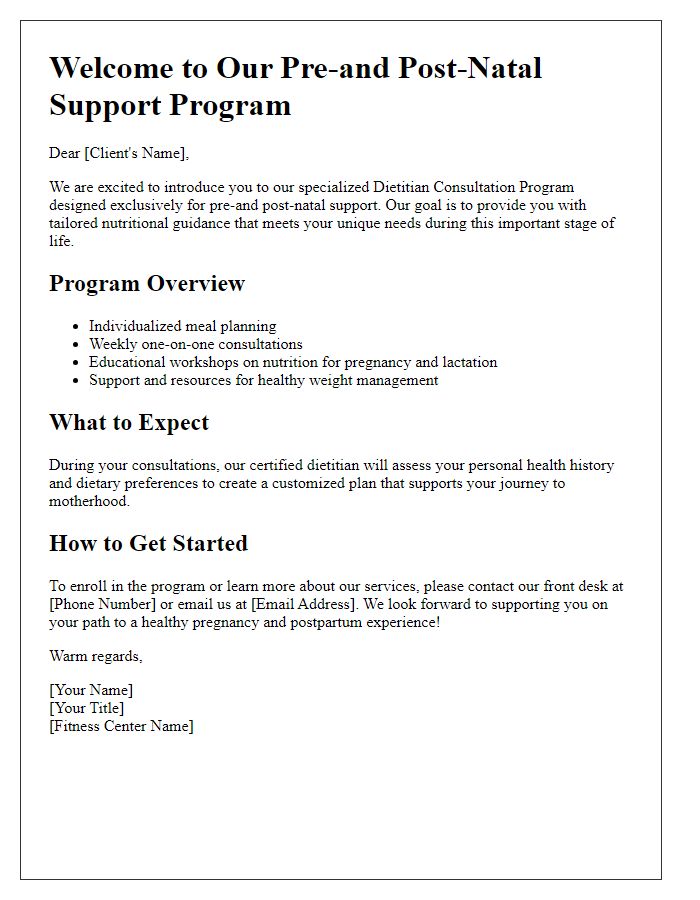 Letter template of fitness center dietitian consultation program for pre-and post-natal support