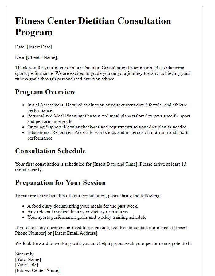 Letter template of fitness center dietitian consultation program for sports performance