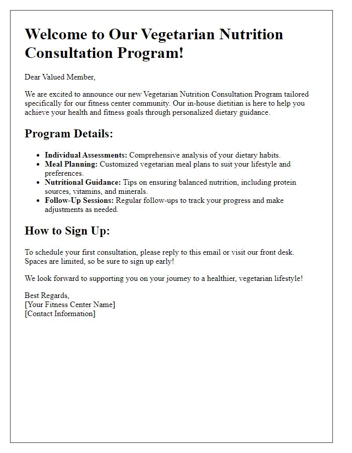 Letter template of fitness center dietitian consultation program for vegetarian nutrition