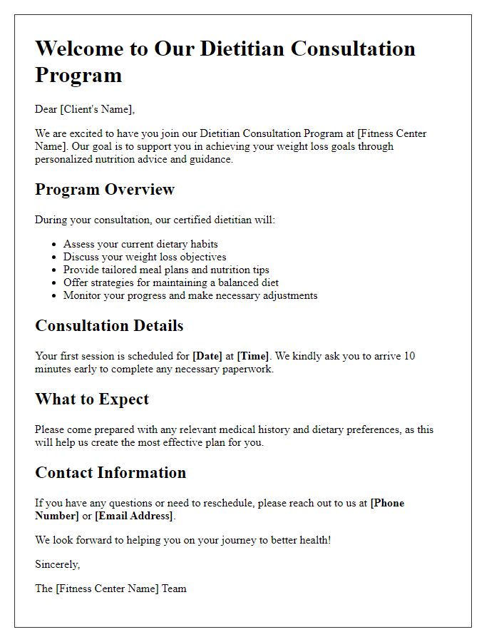 Letter template of fitness center dietitian consultation program for weight loss goals